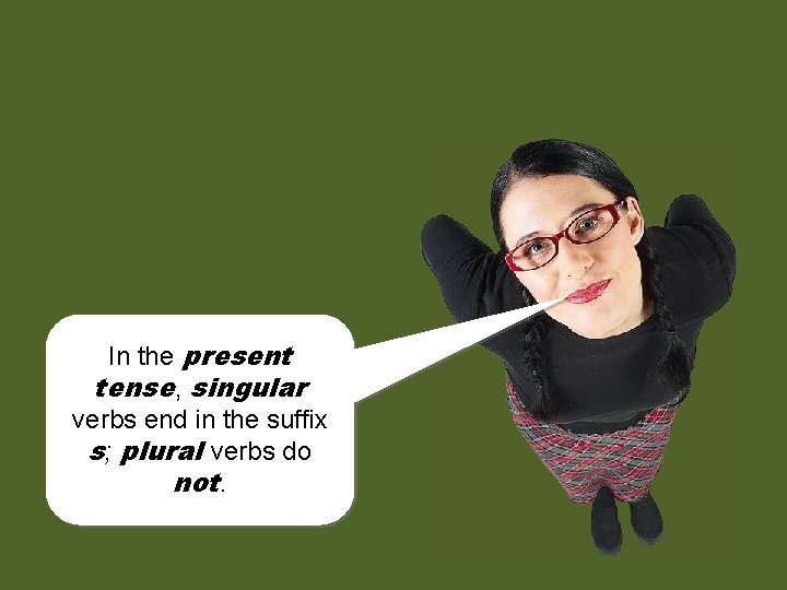 In the present tense, singular verbs end in the suffix s; plural verbs do