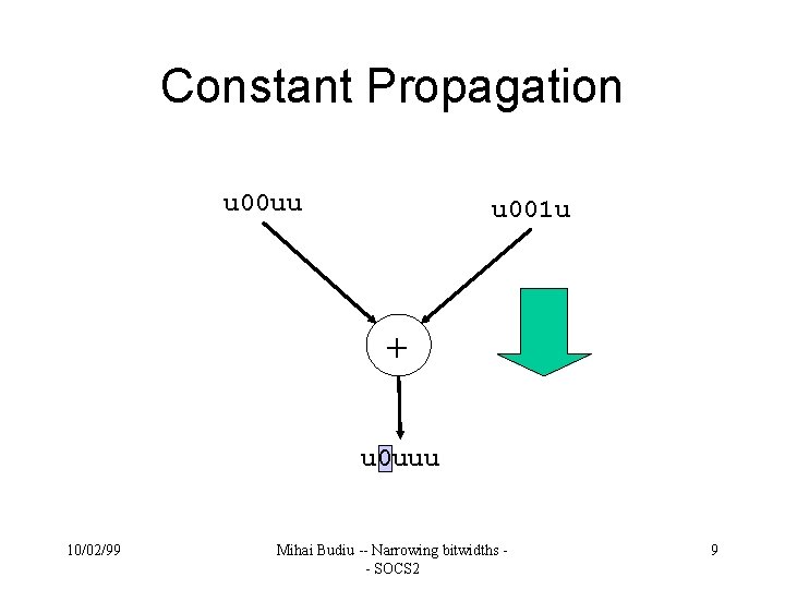 Constant Propagation u 00 uu u 001 u + u 0 uuu 10/02/99 Mihai