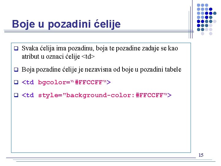 Boje u pozadini ćelije q Svaka ćelija ima pozadinu, boja te pozadine zadaje se