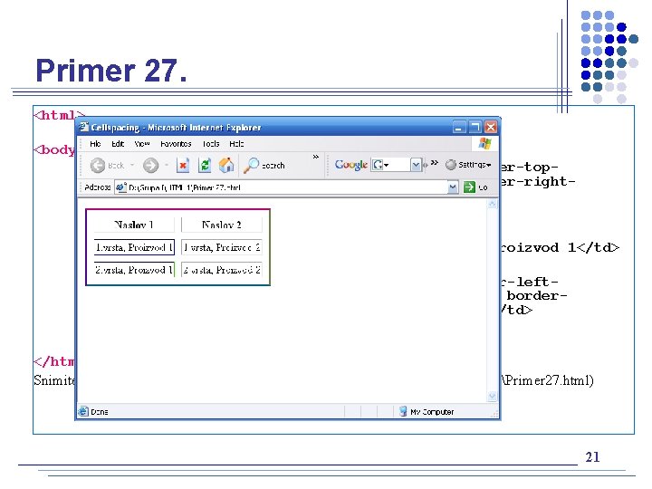 Primer 27. <html> <head><title> Cellspacing </title></head> <body> <table border=“ 3" cellspacing="10" style="border-topcolor: #ff 0099;