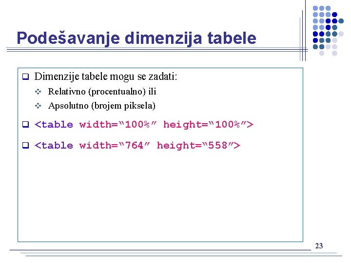 Podešavanje dimenzija tabele q Dimenzije tabele mogu se zadati: Relativno (procentualno) ili v Apsolutno