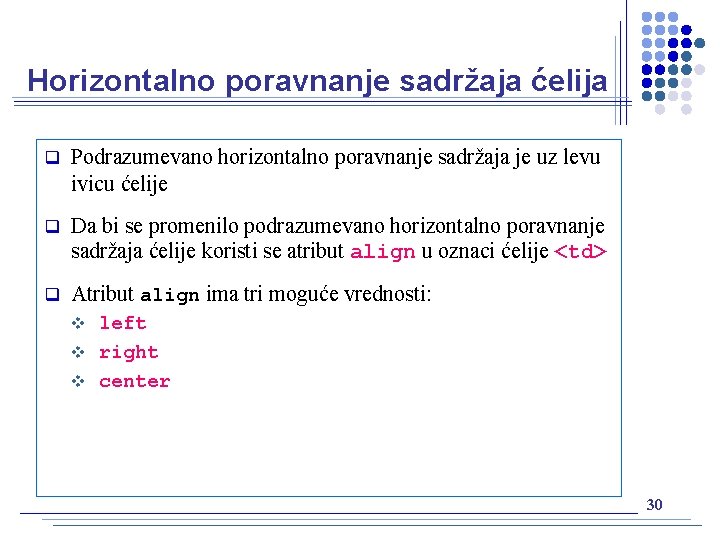 Horizontalno poravnanje sadržaja ćelija q Podrazumevano horizontalno poravnanje sadržaja je uz levu ivicu ćelije