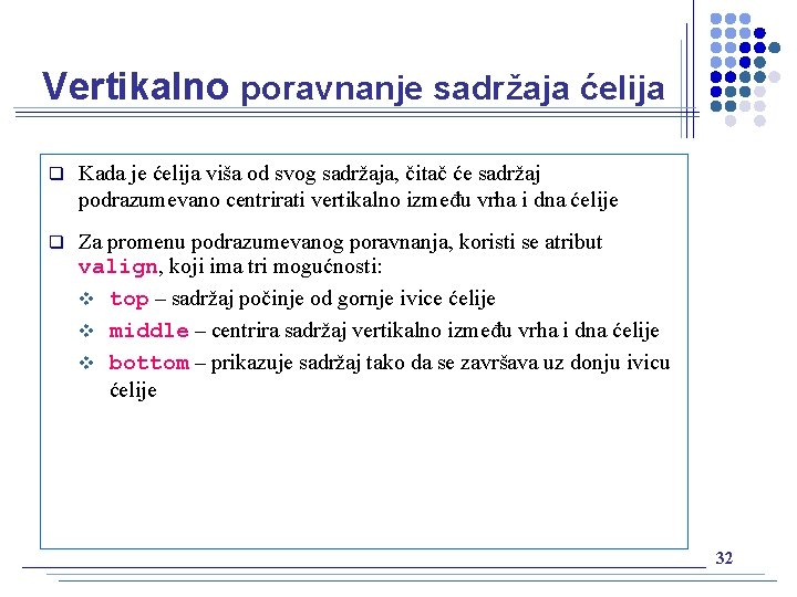 Vertikalno poravnanje sadržaja ćelija q Kada je ćelija viša od svog sadržaja, čitač će