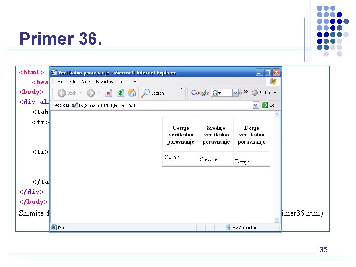 Primer 36. <html> <head><title> Vertikalno poravnanje </title></head> <body> <div align=“right”> <table border=“ 1“ width=“