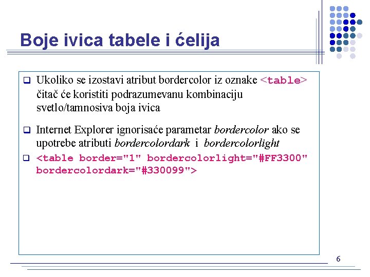 Boje ivica tabele i ćelija q Ukoliko se izostavi atribut bordercolor iz oznake <table>