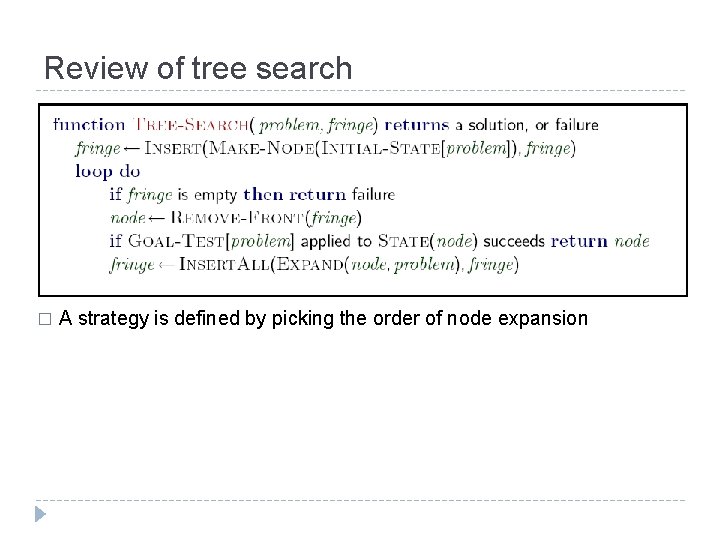 Review of tree search � A strategy is defined by picking the order of Review of tree search � A strategy is defined by picking the order of