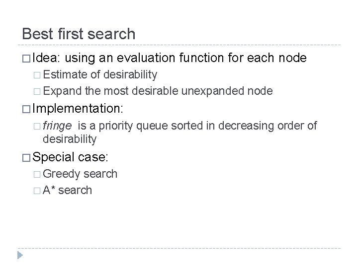 Best first search � Idea: using an evaluation function for each node � Estimate