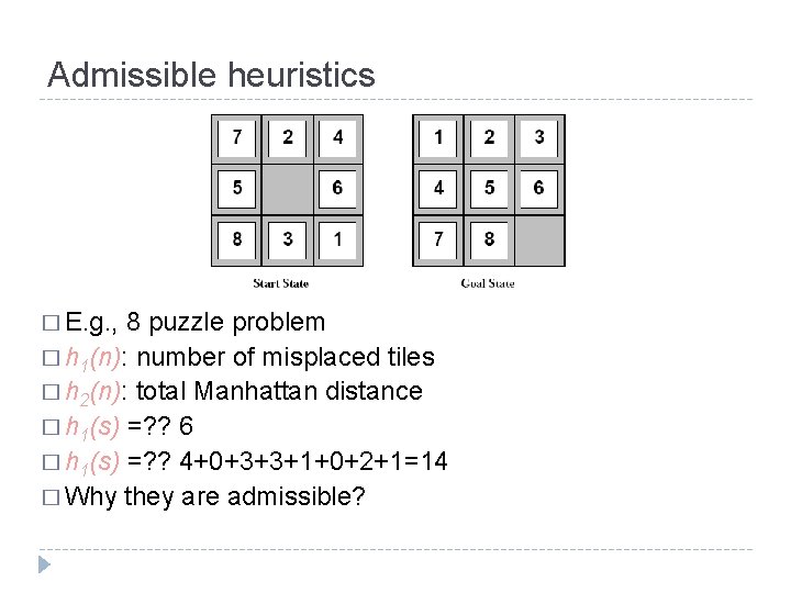 Admissible heuristics � E. g. , 8 puzzle problem � h 1(n): number of