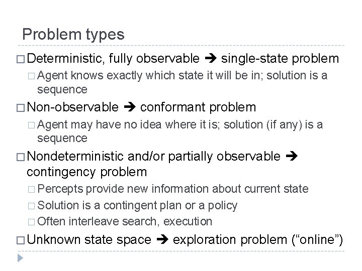 Problem types � Deterministic, fully observable single-state problem � Agent knows exactly which state