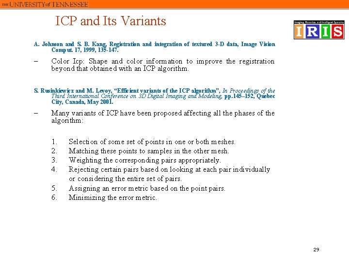 ICP and Its Variants A. Johnson and S. B. Kang, Registration and integration of