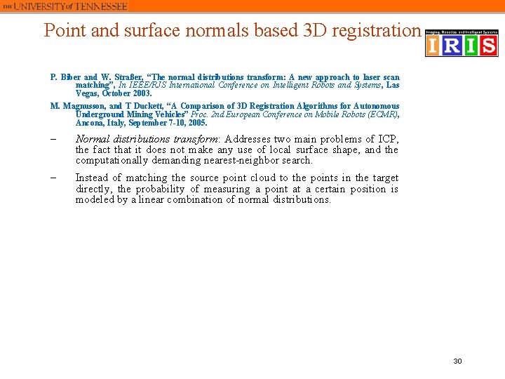 Point and surface normals based 3 D registration P. Biber and W. Straßer, “The