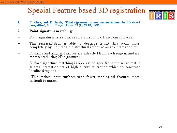 Special Feature based 3 D registration 1. C. Chua, and R. Jarvis, “Point signatures: