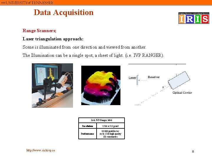 Data Acquisition Range Scanners; Laser triangulation approach: Scene is illuminated from one direction and
