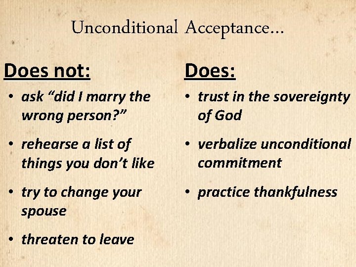 Unconditional Acceptance… Does not: Does: • ask “did I marry the wrong person? ”
