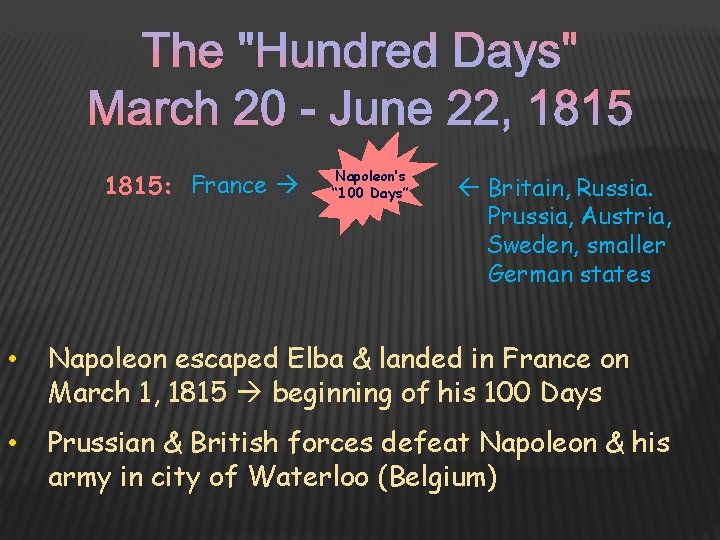 1815: France Napoleon’s “ 100 Days” Britain, Russia. Prussia, Austria, Sweden, smaller German states