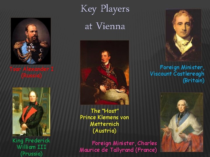 Key Players at Vienna Foreign Minister, Viscount Castlereagh (Britain) Tsar Alexander I (Russia) The