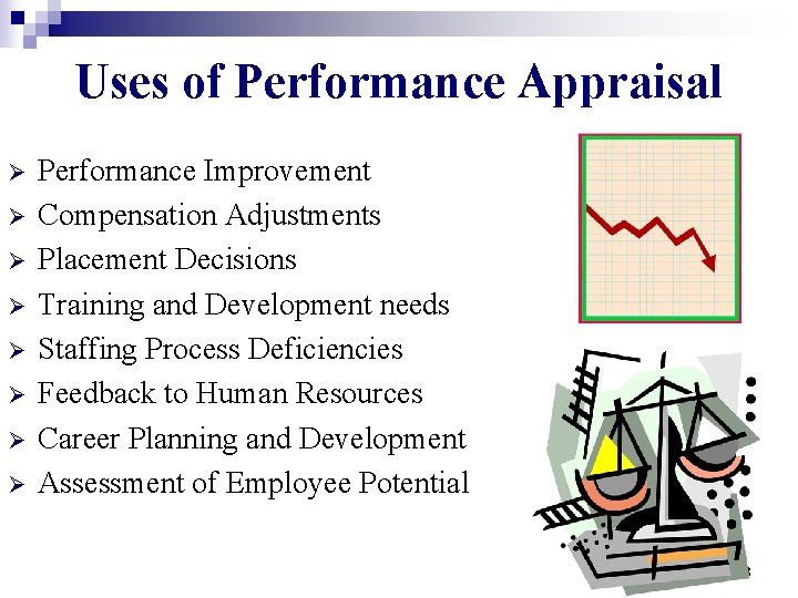Uses of Performance Appraisal Ø Ø Ø Ø Performance Improvement Compensation Adjustments Placement Decisions