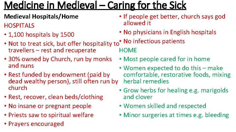 Medicine in Medieval – Caring for the Sick • If people get better, church