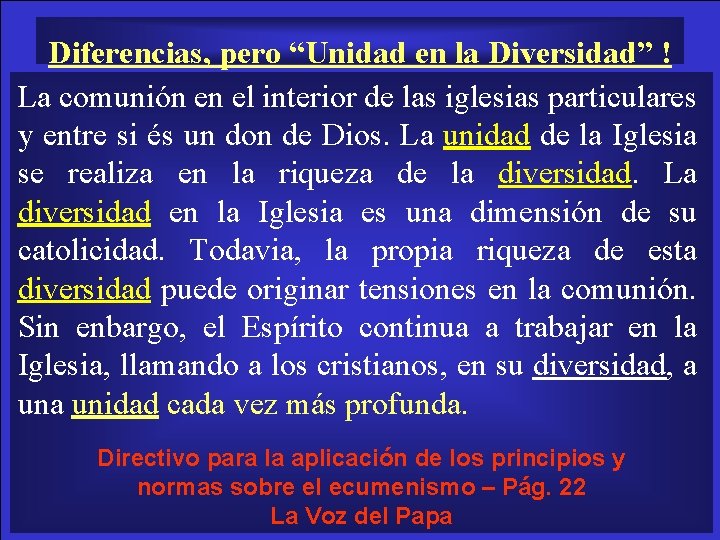 Diferencias, pero “Unidad en la Diversidad” ! La comunión en el interior de las