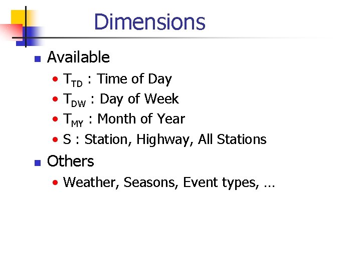 Dimensions n Available • • n TTD : Time of Day TDW : Day