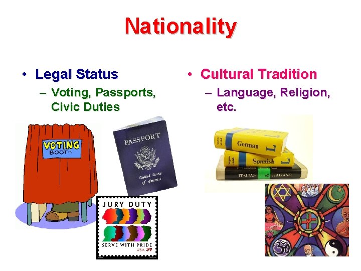 Nationality • Legal Status – Voting, Passports, Civic Duties • Cultural Tradition – Language,