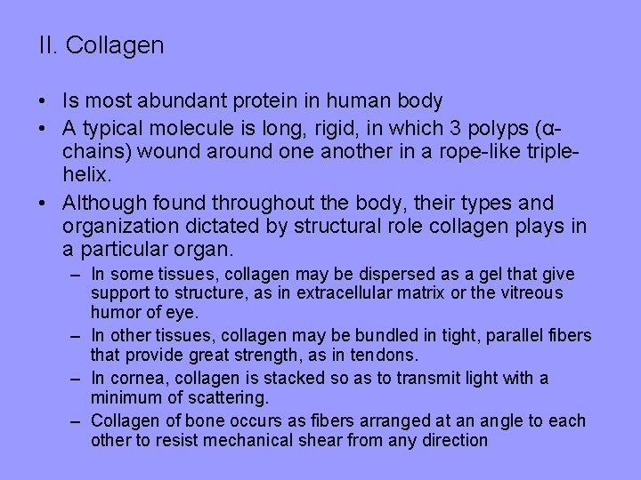 II. Collagen • Is most abundant protein in human body • A typical molecule