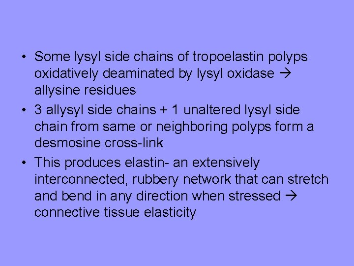  • Some lysyl side chains of tropoelastin polyps oxidatively deaminated by lysyl oxidase