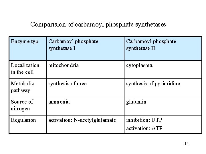 Comparision of carbamoyl phosphate synthetases Enzyme typ Carbamoyl phosphate synthetase II Localization in the