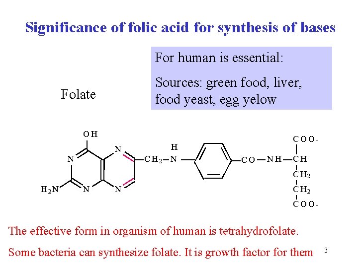 Significance of folic acid for synthesis of bases For human is essential: Sources: green