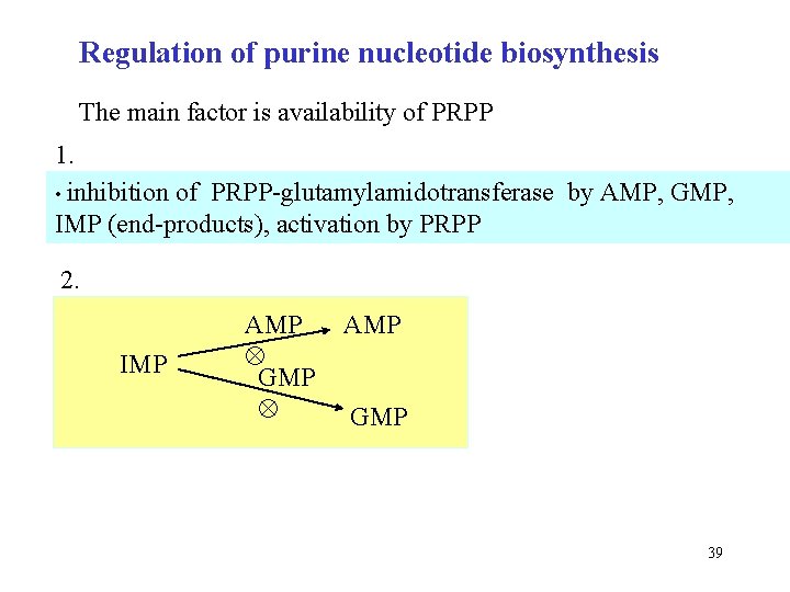 Regulation of purine nucleotide biosynthesis The main factor is availability of PRPP 1. •