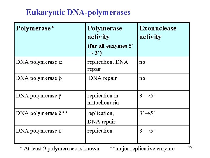 Eukaryotic DNA-polymerases Polymerase* Polymerase activity Exonuclease activity (for all enzymes 5´ → 3´) DNA