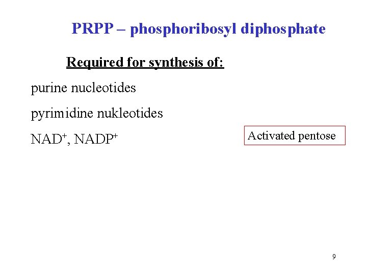 PRPP – phosphoribosyl diphosphate Required for synthesis of: purine nucleotides pyrimidine nukleotides NAD+, NADP+