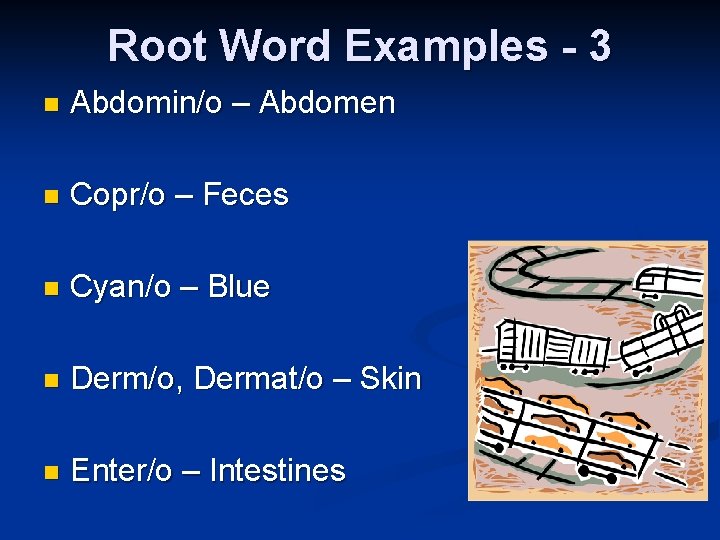 Root Word Examples - 3 n Abdomin/o – Abdomen n Copr/o – Feces n