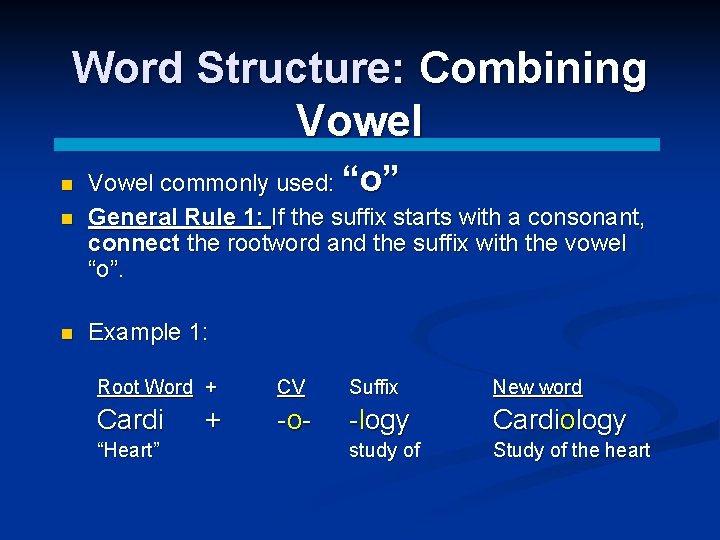 Word Structure: Combining Vowel n Vowel commonly used: “o” General Rule 1: If the