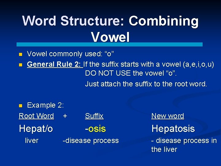 Word Structure: Combining Vowel n n Vowel commonly used: “o” General Rule 2: If