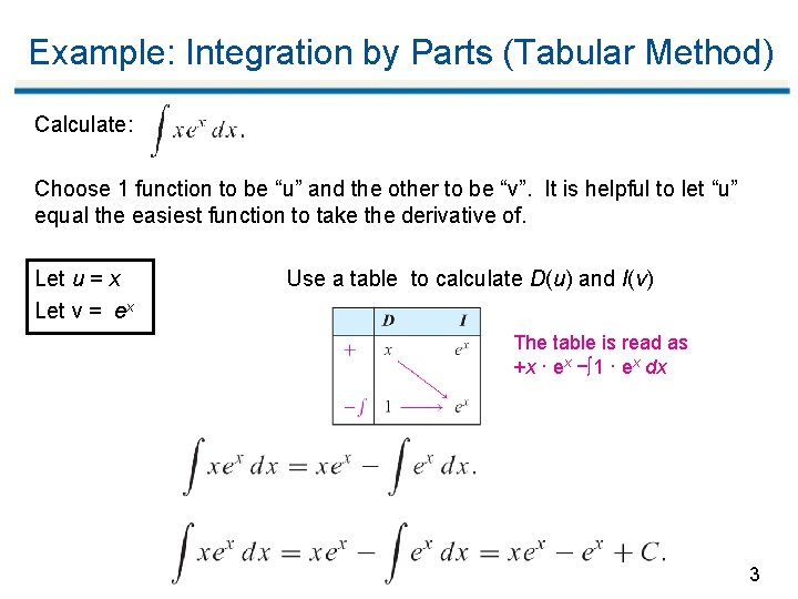 Example: Integration by Parts (Tabular Method) Calculate: Choose 1 function to be “u” and