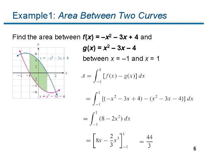 Example 1: Area Between Two Curves Find the area between f (x) = –x