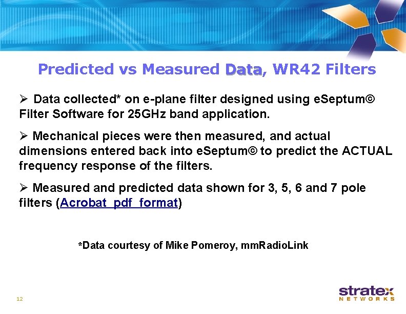 Predicted vs Measured Data, Data WR 42 Filters Ø Data collected* on e-plane filter