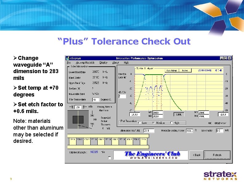 “Plus” Tolerance Check Out ØChange waveguide “A” dimension to 283 mils ØSet temp at