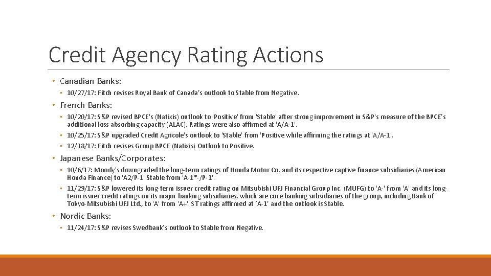 Credit Agency Rating Actions • Canadian Banks: • 10/27/17: Fitch revises Royal Bank of