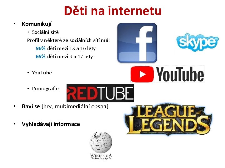 Děti na internetu • Komunikují • Sociální sítě Profil v některé ze sociálních sítí