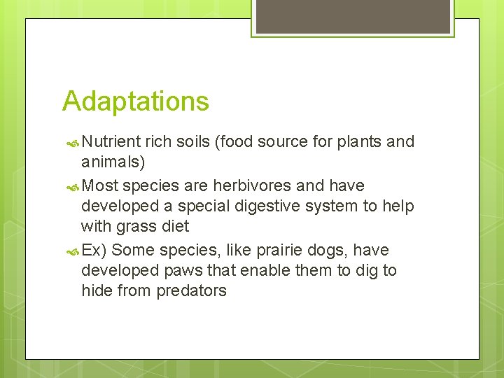 Adaptations Nutrient rich soils (food source for plants and animals) Most species are herbivores