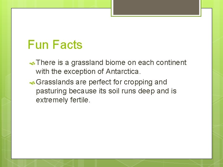 Fun Facts There is a grassland biome on each continent with the exception of