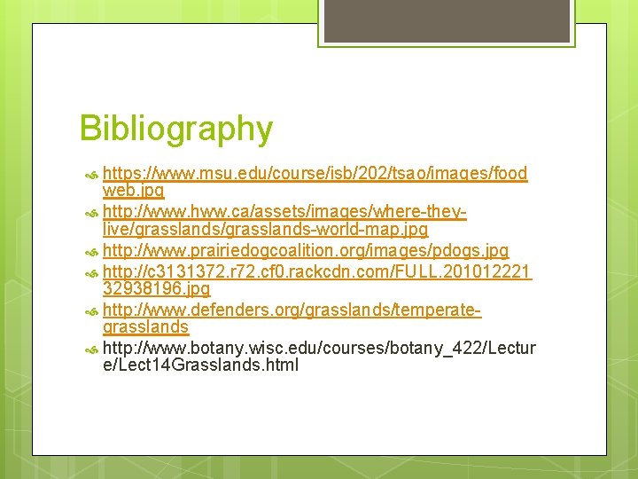 Bibliography https: //www. msu. edu/course/isb/202/tsao/images/food web. jpg http: //www. hww. ca/assets/images/where-theylive/grasslands-world-map. jpg http: //www.