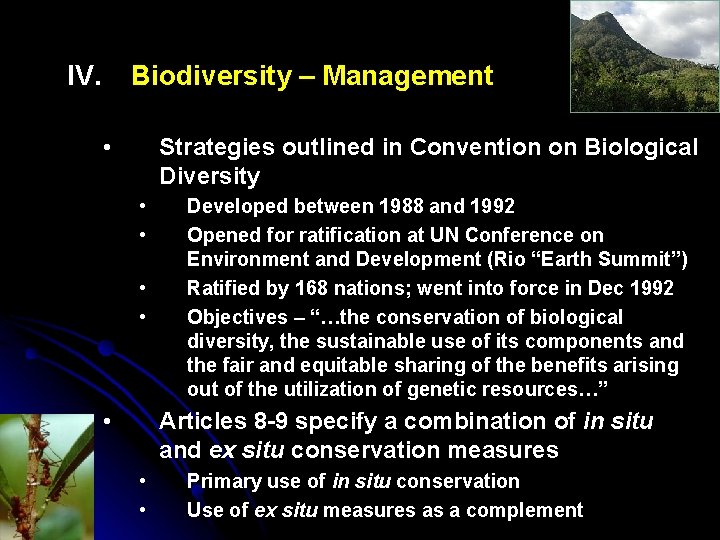 IV. Biodiversity – Management • Strategies outlined in Convention on Biological Diversity • •
