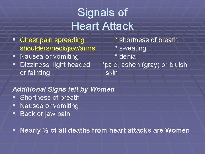 Signals of Heart Attack § Chest pain spreading * shortness of breath shoulders/neck/jaw/arms *