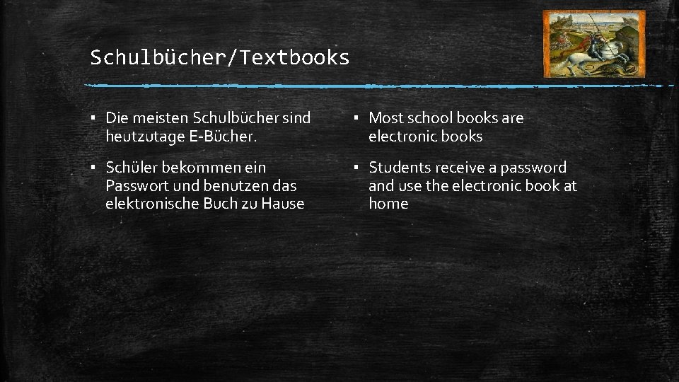 Schulbücher/Textbooks ▪ Die meisten Schulbücher sind heutzutage E-Bücher. ▪ Most school books are electronic