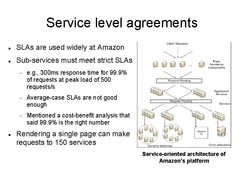Service level agreements SLAs are used widely at Amazon Sub-services must meet strict SLAs