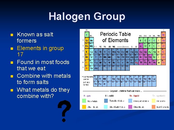 Halogen Group n n n Known as salt formers Elements in group 17 Found