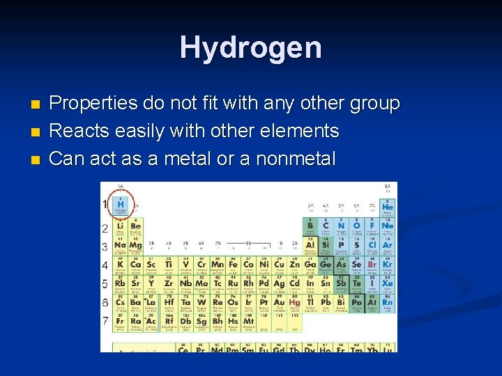 Hydrogen n Properties do not fit with any other group Reacts easily with other